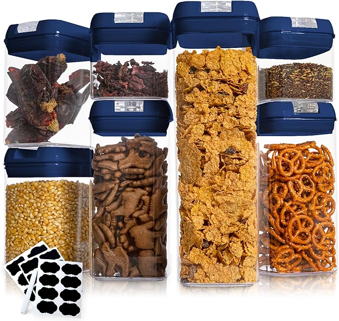 Cheer Collection Airtight Food Storage Containers, Kitchen Storage Containers for Pantry, Set of 7 Food Containers with Lids Airtight, Pantry Storage Containers & Organizers with Lids, Navy Blue