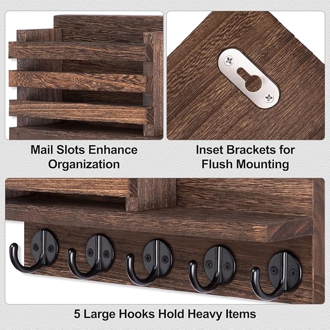 Key Holder for Wall – Decorative Wooden Mail Holder and Key Shelf with Mounting Hardware, Installation Guide – Paulownia Wood with 5 Metal Key Hooks (11.8” x 6.7” x 2.8”)