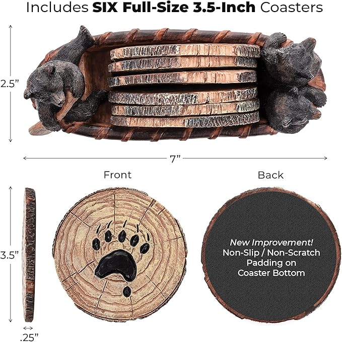 Bear Coasters Set of 6 Full Size Rustic Coasters in Handmade Canoe with Adorable Black Bear Figurines | Black Bear Log Cabin Decorations, Rustic Lodge Decor for The Home-NeatNest