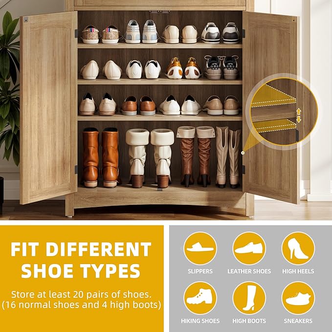 DWVO 5-Tier Shoe Storage Cabinet, Farmhouse Shoes Rack Cabinet with Adjustable Shelf, 43" Tall Rattan Rattan Shoe Organizer with Drawer & Doors for Entryway Hallway Living Room Closet (Oak)-NeatNest