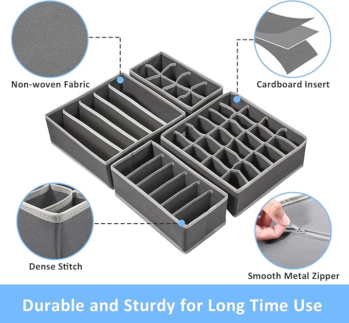 GOGOODA 4 Pcs Bra Sock and Underwear Drawer Organizers Divider, Closet Socks Organizer and Storage Boxes for Lingerie, Bra, Undies-NeatNest