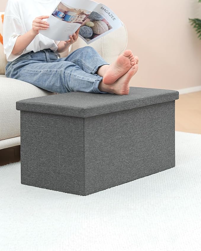 B FSOBEIIALEO Storage Ottoman with Tray, Linen Coffee Table Folding Long Shoes Bench Footstool, Dark Grey 30"x15.74"x15"-NeatNest