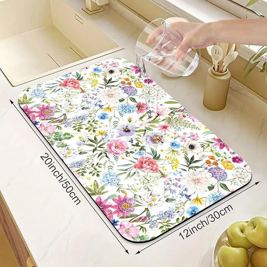 Colorful Flower Dish Drying Mats for Kitchen Counter Absorbent Fast Dry Dish Drainer Rack Mats for Dishes Utensils Pot and Pan, Kitchen Accessories 20"x12"-NeatNest