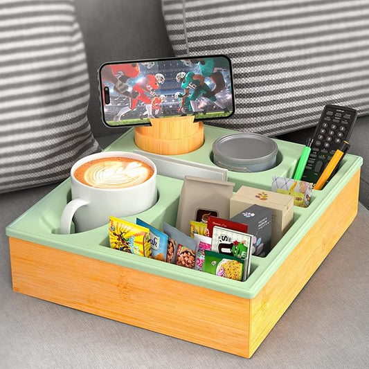 Couch Cup Holder Tray - Couch Organizer Caddy, Silicone Beach Caddy with Cup Holder, Sofa and Bed Drink Holder and Couch Tray Table for Snacks Beverage Remote (Green)-NeatNest