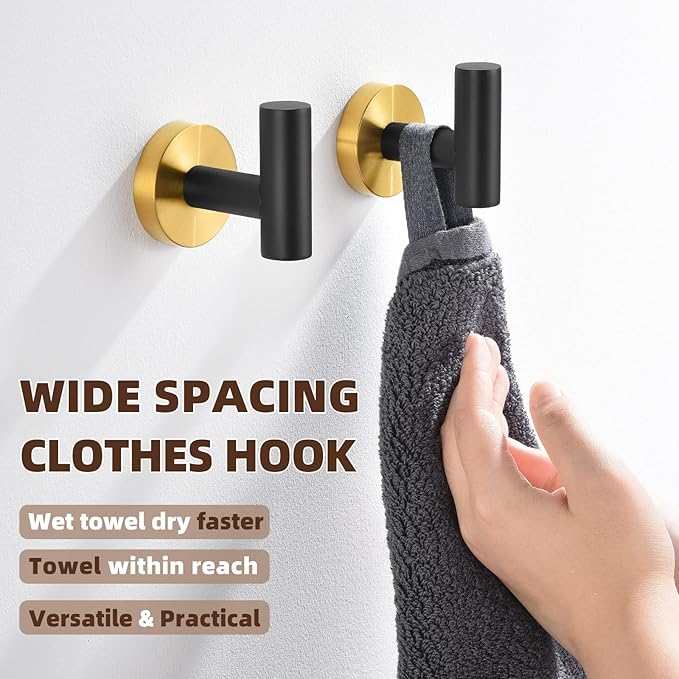 APLusee Robe Towel Hook 2 Pack Black Gold, 304 Stainless Steel Coat Hook, Bath Towel Hanger Wall Mounted