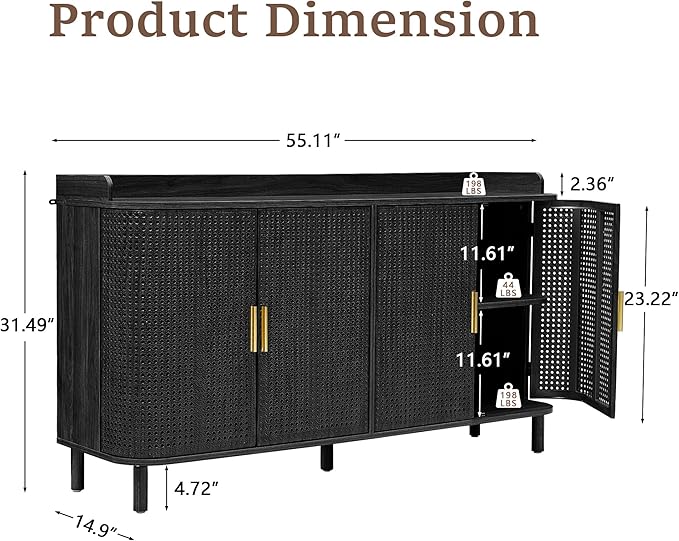 ORRD 4 Doors Storage Cabinet, 2 Tier Wooden Storage Organizer Cabinet with Adjustable Shelf, Sideboard Buffet Cabinets with Iron Curved Doors Accent Shoe Rack for Entryway Hallway Living Room (Black)-NeatNest