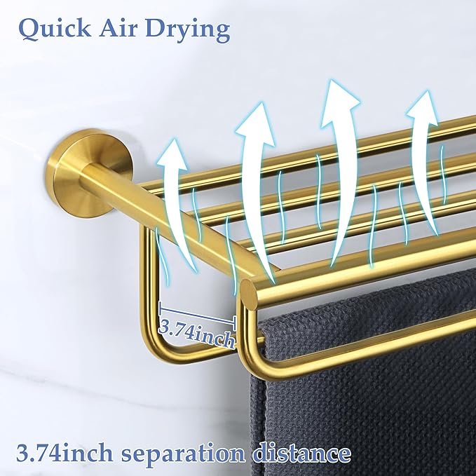 Alise 24 inch Towel Shelf with Double Towel Bars,Towel Rack for Bathroom,SUS 304 Stainless Steel Wall Mount Towel Holder Storage,Brushed Gold,GYT7060-G