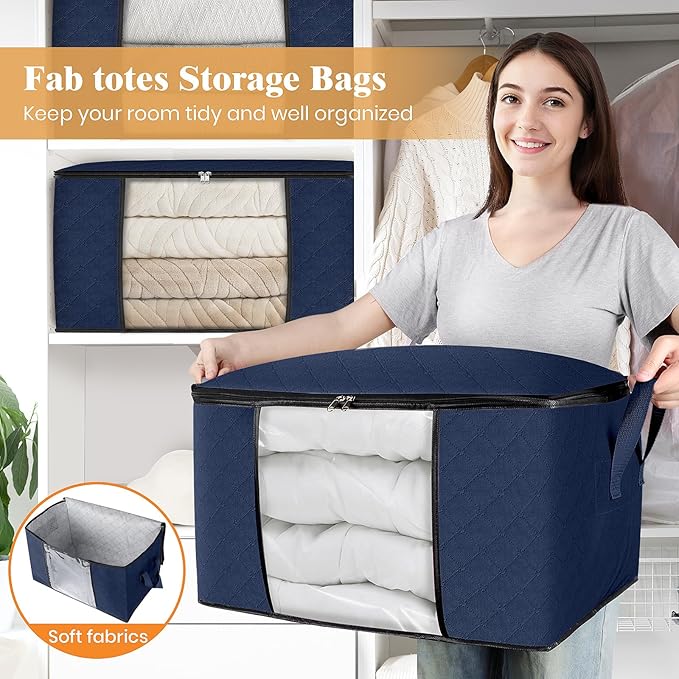 Fab totes 6 Pack Clothes Storage, Foldable Thick Fabric Blanket Storage Bags, Containers for Organizing Bedroom, Closet, Clothing, Comforter,Closet Organization with Handle,Blue-NeatNest