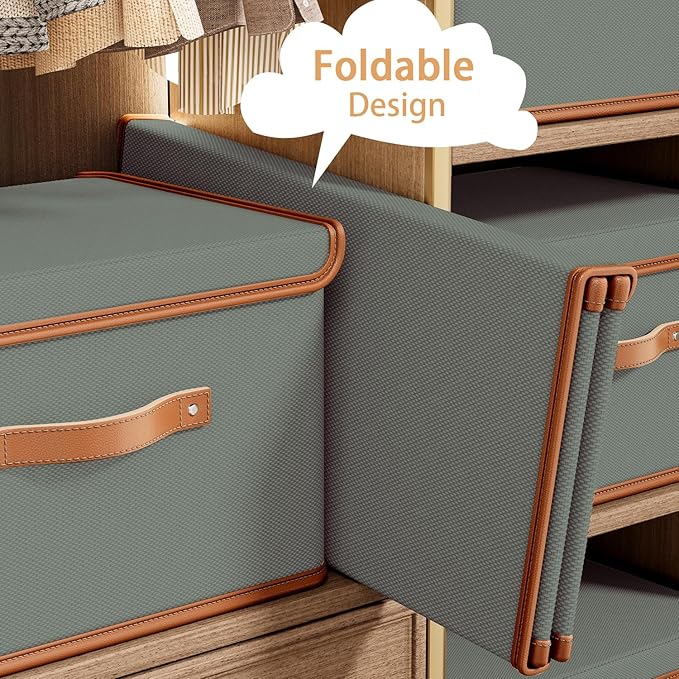 Tuza 2 Pack Storage Bins with Lids, Collapsible Closet Organizer Container, Fabric Organizer Box with Handles, Decorative Storage Boxes with Lids for Organizing Clothes, Blanket, Grey, Extra Large-NeatNest