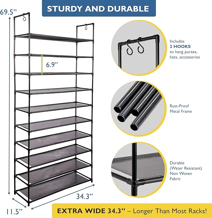 Sundaze Shoe Rack - 10 Tier Shoe Rack for Front Door Entrance, Sturdy Tall Shoe Organizer for Closet, Bedroom, Entryway, Garage, Non Woven Fabric Shelf, Black, Holds Up to 50 Pairs-NeatNest