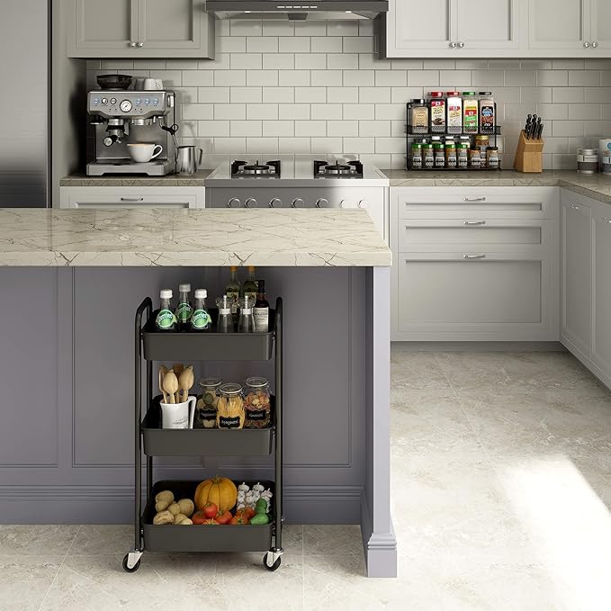 CAXXA 3-Tier Rolling Metal Storage Organizer - Mobile Utility Cart, Kitchen Cart with Caster Wheels (Black)-NeatNest