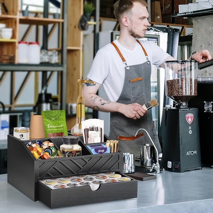 Farmhouse Coffee Bar Accessories Organizer - Countertop Coffee Station with Drawer, Pod Holder & Condiment Organizer (Black)-NeatNest