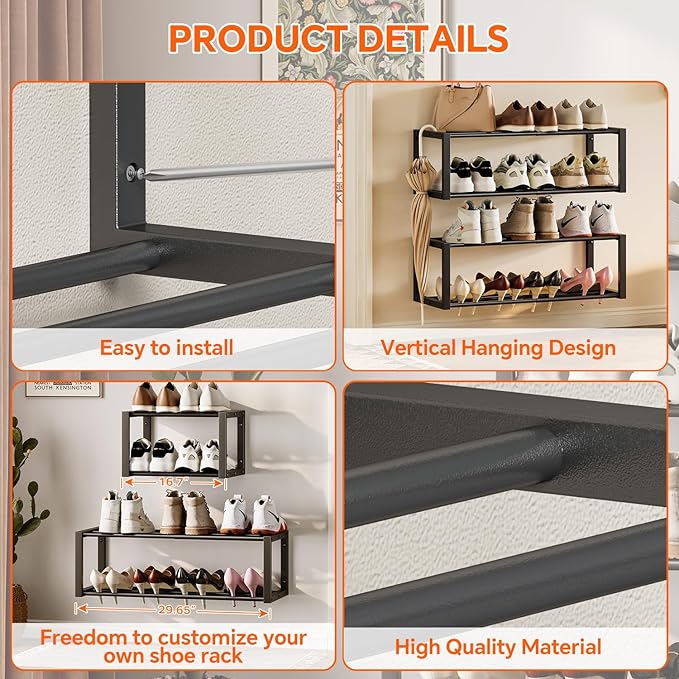 Homeiju Hanging Shoe Organizer,2 Pack Wall Mounted Shoe Rack Holds 12 Pairs,Space Saving Metal Wall Shoe Rack,Hanging Shoe Rack Shoe Holder for Small Space,Entryway,Closet,RV,Camper(Black-NeatNest