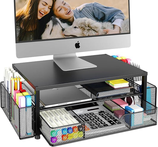 Desk Organizer and Accessories, 2-Tier Computer Monitor Stand Riser with Drawer and 2 Pen Holders, Laptop Stand, Office Desk Accessories for Office Supplies, Black-NeatNest