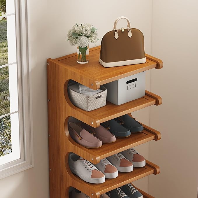 7-Tier Vertical Shoe Rack, Bamboo Free Standing Shoe Rack Shelf, Shoe Storage Stand, Entryway Shoe Tower, Vertical Shoe Organizer for Narrow Closet, Entryway, Hallway, Rustic Brown (16")-NeatNest