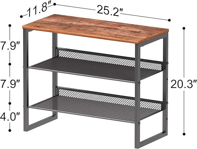 Shoe Rack Organizer - Sturdy Steel Shoe Organizer for Closet Entryway with Spacious Top and Strong Mesh Shelves Industrial Style Standing Storage Shelves (3-Tier 11.8"x20.4"x25.2")-NeatNest