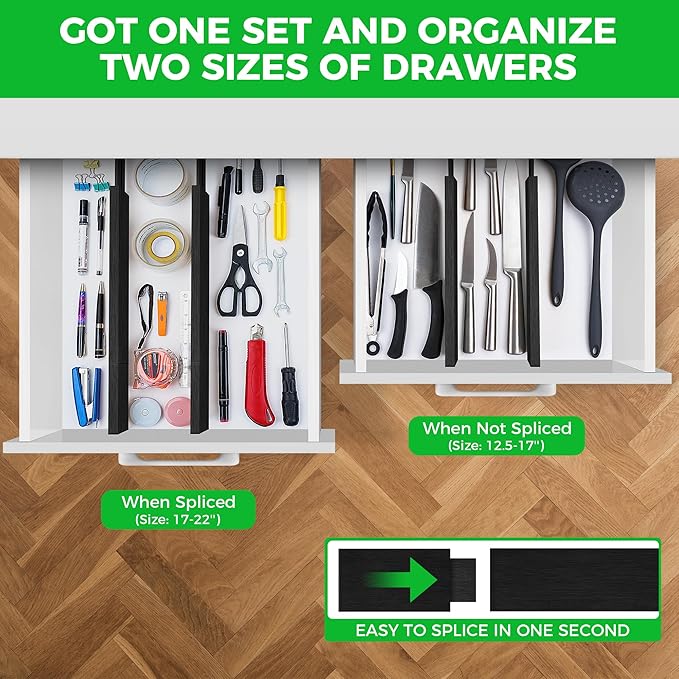 Bamboo Drawer Dividers Organizer with Inserts, Expandable from 12.5-21.7", Adjustable Drawer Organizer Separators for Utensils, Dresser, Bedroom, Bathroom, Closet, Clothing, Office (Black)-NeatNest