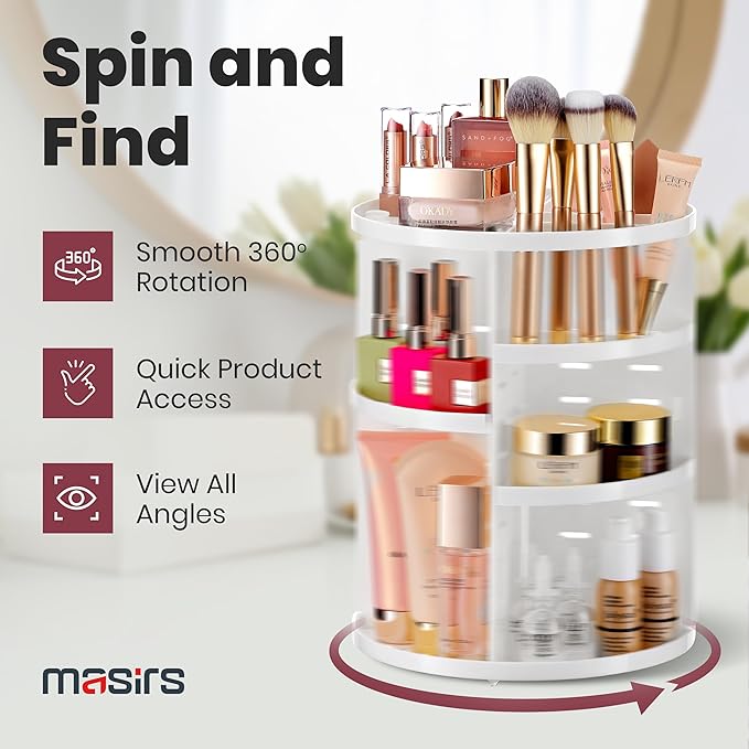 Masirs 360 Rotating Makeup Organizer - Adjustable Shelf Height and Fully Rotatable. The Perfect Cosmetic Organizer for Bedroom Dresser or Vanity Countertop. (White)-NeatNest
