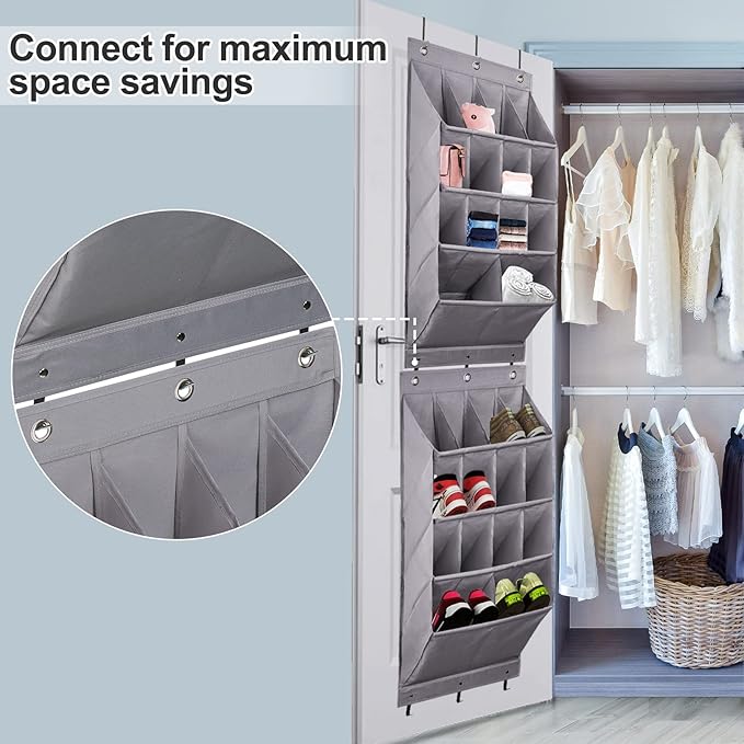 FENTEC 2 Pack Over the Door Shoe Organizer, Hanging Shoe Organizer Rack,24 Large Pockets and 4 Larger Storage Various Compartments with 6 Hooks, Home Accessories, Grey-NeatNest