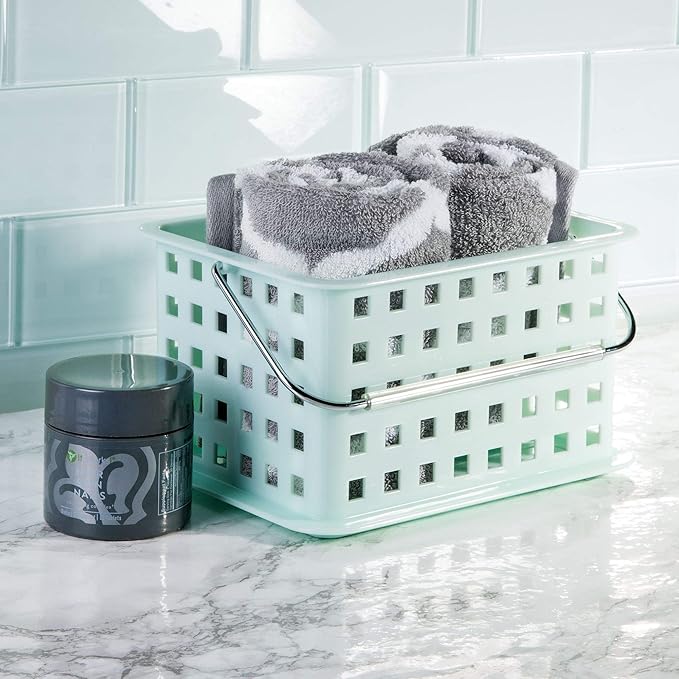 iDesign Spa BPA-Free Plastic Small Stackable Basket with Handle - 9.25" x 7" x 5", Mint-NeatNest