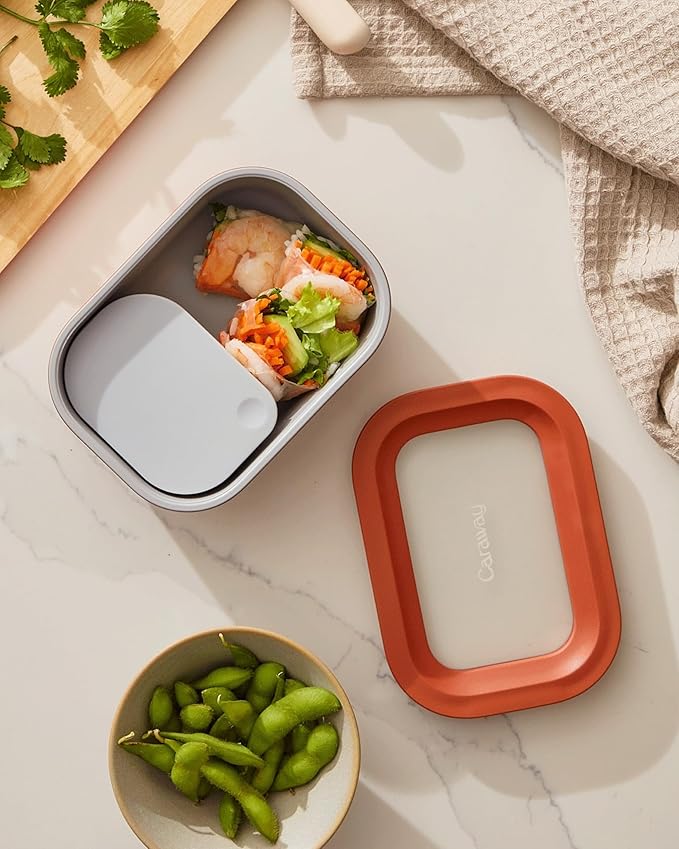 Caraway Mini Rectangle Food Storage Container - 2.6 Cup Glass Storage Container for Food - Non-Toxic Ceramic-Coated Glass - Air Release Technology - Compact & Stackable Design - Gray-NeatNest