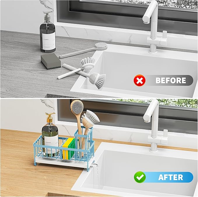Cisily Blue Sponge Holder for Kitchen Sink, Sink Caddy Organizer with High Brush Holder, Kitchen Countertop Organizers and Storage Essentials, Rustproof 304 Stainless Steel, Soap Dispenser Organize-NeatNest