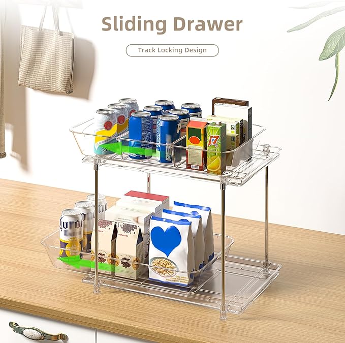 Under Sink Organizer, Bathroom Organizers and Storage, 2 Tier Multi-Use Pull Out Cabinet Organizer with Hang Hooks and Cups (transparent, 4 Pack)-NeatNest