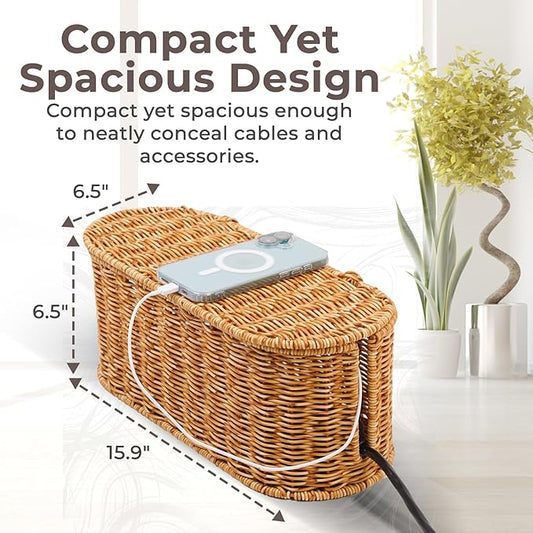 Cable Management Box, Handmade Rattan Cable Organizer, 2 Open Slots Cords Hider Box, Under Desk Cord Organizer for Computer Router USB Hub & Power Strip, Patent Pending, 15.9" x 6.5" x 6.5", Natural-NeatNest