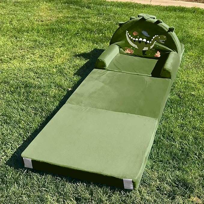 Dinosaur Kids Sofa Bed with Removable Washable Cover & Hook and Loop Backrest – Foldable Toddler Chair, Cozy Crystal Velvet Furniture for Playtime, Naps & Travel (Dark Green, Dino Design)-NeatNest
