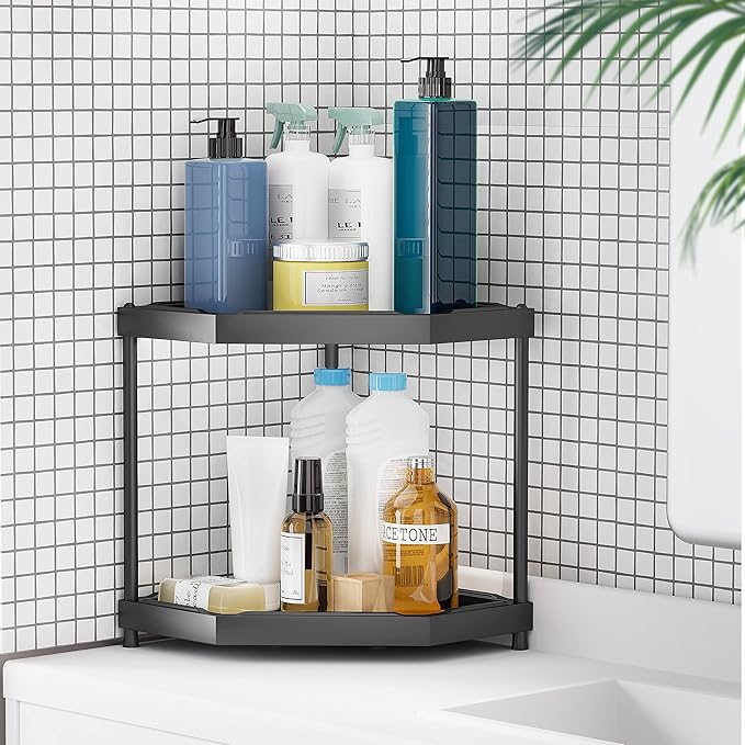 Kitchen Corner Shelf Countertop 2 Tier Bathroom Counter Organizer Cabinet Corner Storage Shelf Spice Rack Makeup Organizer Under Sink Organizer Black-NeatNest