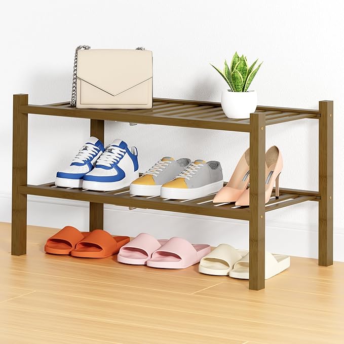 Smiry Shoe Rack, 2 Tier Thick Bamboo Shoe Organizer, Stackable Free Standing Wooden Shoe Storage Shelf for Closet, Entryway, Front Door Entrance, Walnut-NeatNest