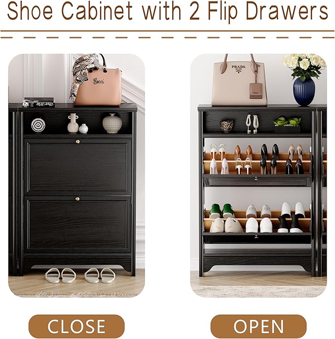 Chogori Solid Wood Shoe Storage Cabinet for Entryway - Narrow Freestanding Shoe Organizer with 2 Flip-Up Drawers, Hallway Shoe Rack with Sturdy Wooden Legs for Foyer, Living Room (2, Onyx Black)