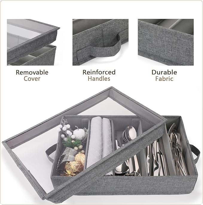 Joyfol Day Flatware Utensil Storage Case, Silverware Storage Box with Padded Dividers, Removable Cutlery Storage Holder with Handles and Removable Lid, for Protects and Organizes Cutlery, Grey-NeatNest
