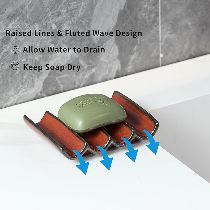Bathroom Soap Dish for Shower, Bar Soap Holder with Self Drain, Ceramic Soap Saver Tray for Bathroom Sink, Kitchen Counter, Drain Fluted Design to Lift Soap Keep Dry, Red-NeatNest