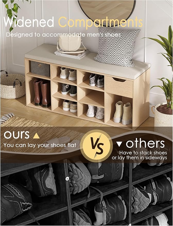 DINZI LVJ Shoe Storage Bench with Cushion, 11- Cubby Entryway Bench with Drawer and Adjustable Shelves, 40.9" Long Cubby Shoe Rack for Living Room, Bedroom, Mudroom, Natural and Cappuccino Beige-NeatNest