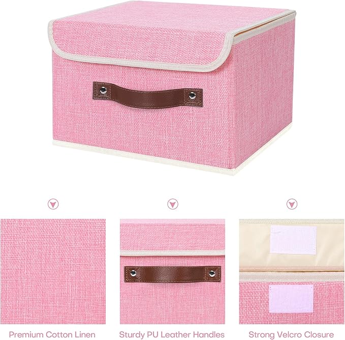 ANMINY 2PCS Storage Bins with Lid PU Leather Handles Storage Boxes PP Plastic Board Decorative Foldable Lidded Cotton Linen Fabric Home Cubes Baskets Closet Organizer Containers - Pink, Small Size-NeatNest