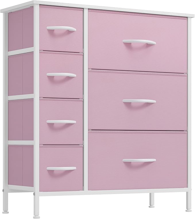 DWVO Dresser for Bedroom, 7 Drawers Fabric Dresser, Organizer Unit for Living Room, Hallway, Closets - Sturdy Steel Frame, Wooden Top & Easy Pull Fabric Bins, Pink-NeatNest