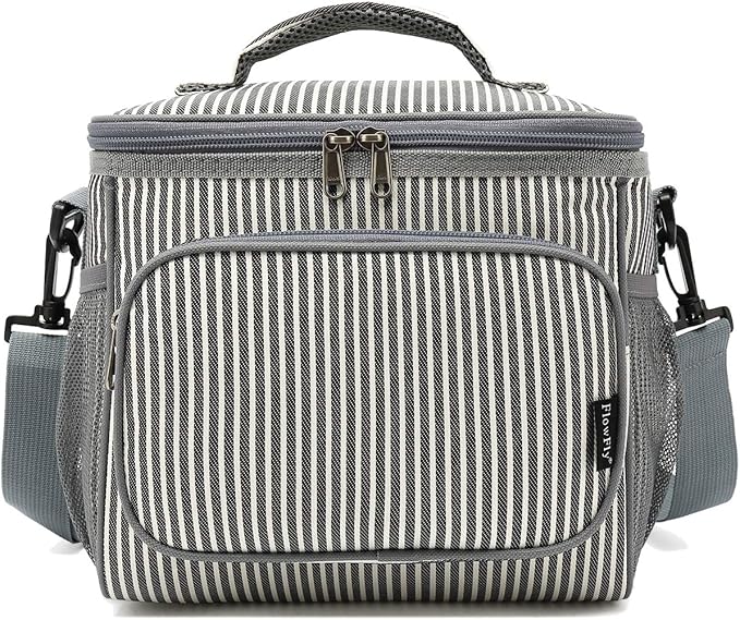 FlowFly Insulated Reusable Lunch Bag Adult Large Lunch Box for Women and Men with Adjustable Shoulder Strap,Front Zipper Pocket and Dual Large Mesh Side Pockets,Stripes-NeatNest
