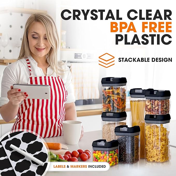 Cheer Collection Airtight Food Storage Containers, Kitchen Storage Containers for Pantry, Set of 7 Food Containers with Lids Airtight, Pantry Storage Containers & Organizers with Lids, Black