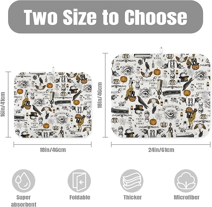Dish Drying Mat for Kitchen Counter Large 18" x 24" Vintage Halloween Absorbent Microfiber Dishes Drainer Rack Mats Pad Reusable Washable
