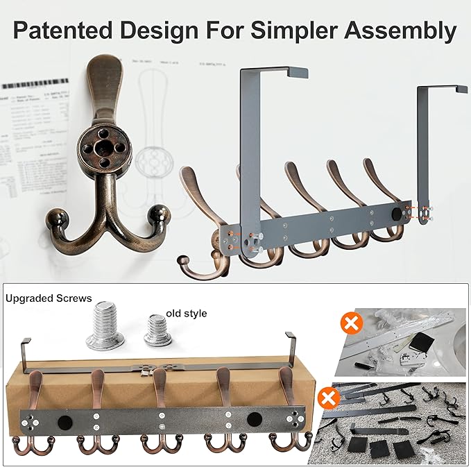 Dseap Over Door Hook 2.0 - Upgraded Version - Simple-Assembly, Strong, Heavy-Duty Stainless Steel 5-Tri-Hook Over The Door Hanger Rack, SimpleStrong Series, Antique Copper