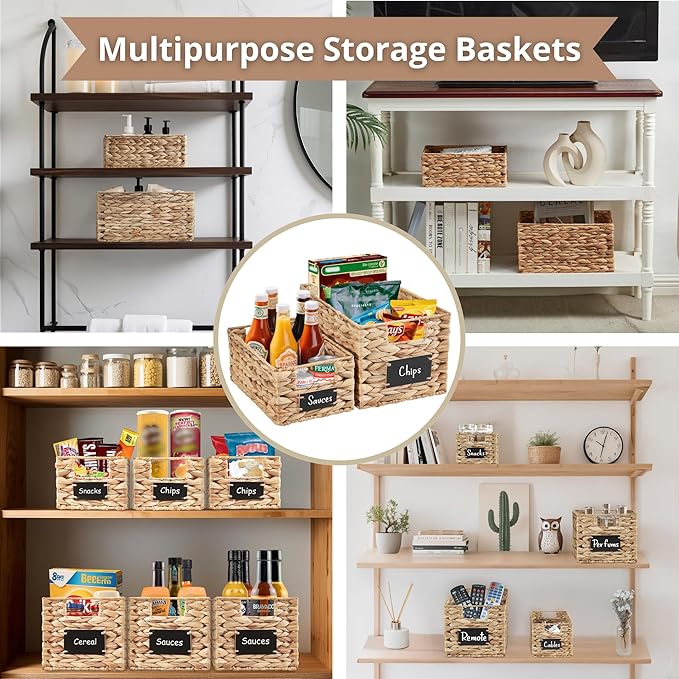 DECOMOMO Wicker Storage Baskets, Handwoven Pantry Baskets, Water Hyacinth Storage Baskets w/Chalkboard and Marker (Natural, Set of 2)-NeatNest
