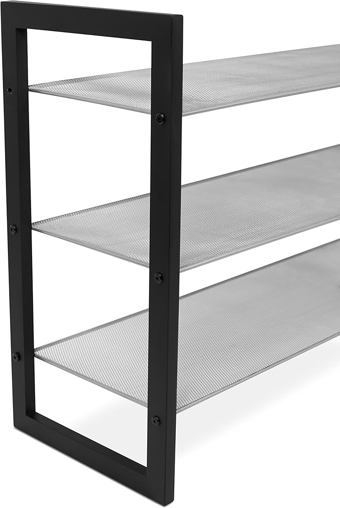 Internet's Best Mesh Shoe Rack - 3-Tier - Free Standing Metal Wood Shoe Organizer - Closet and Entryway - Fits 12 Pairs of Shoes - Black & Silver-NeatNest