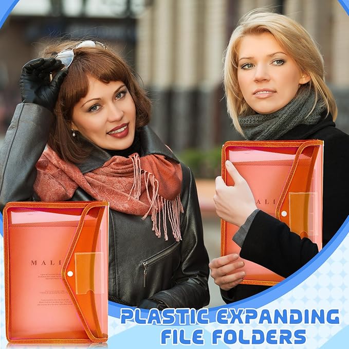 4 Pack A4 Expanding Plastic File Folders Waterproof Document Organizer with Snap Button Multiple Pockets, Office Home Office Storage (Orange)