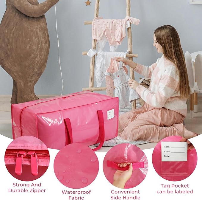 4 Pack Extra Heavy Duty Large Moving Bags with Comfortable Handle & Strong Zipper,Storage Totes for Space Saving Moving Storage College Supplies Alternative to Moving Box,Pink