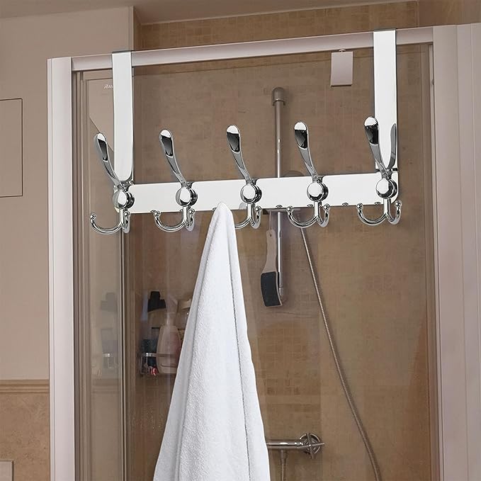 Dseap Over The Door Hook Hanger - 5 Tri Hooks, Heavy Duty Over The Door Towel Rack Coat Rack for Clothes Hat Towel, Chromed, 2 Packs