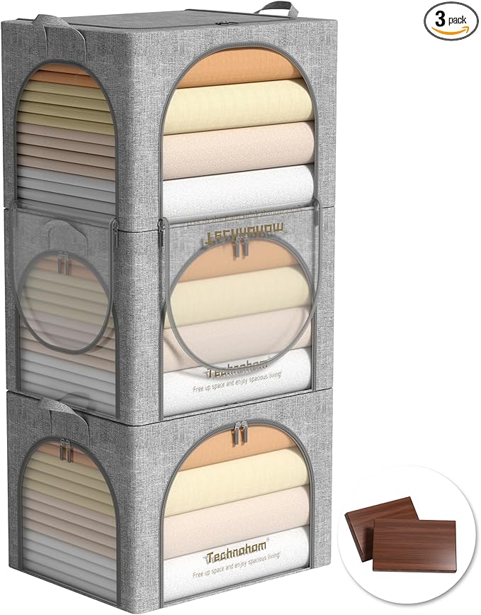 Clothes Storage Bins with Lids, 3 Pack Foldable Fabric Storage Bins with Metal Frame, Linen Closet Organizers and Storage Box With Clear Window and Carrying Handles-NeatNest