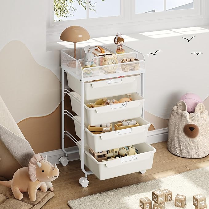 Rolling Cart with 4 Drawers,Craft Cart,Rolling Storage Cart with Drawer,Storage Cart with Drawers, Utility Cart with Drawers,Rolling Drawer Cart & 4 Dividers & 4 PCS DIY Lable,White
