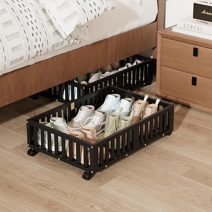 Bamboo Under Bed Storage with Wheels (2-Pack) – Rolling Underbed Shoe Organizer Box for Shoes, Blankets, Toys, Clothes Container Space-Saving Organizer Bins for Bedroom, Closet, Dorm, Nursery-NeatNest