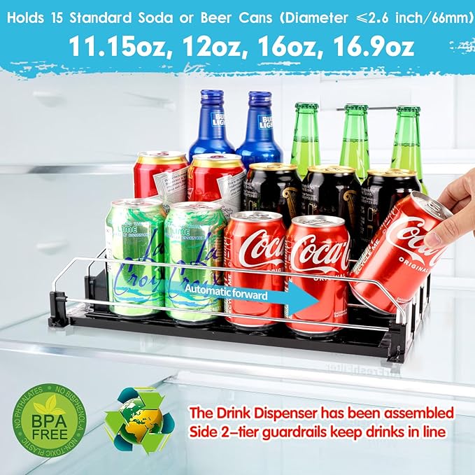 Drink Dispenser for Refrigerator, Self-Pushing Soda Can Organizer for Fridge, 3 Rows has been Assembled, Automatic Can Organizer with Spring Loaded for Refrigerator Holds 15 cans, Black